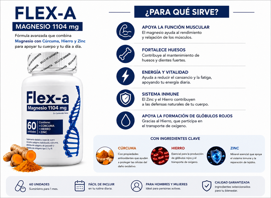 🌿 Flex-a Magnesio 1104 mg | Con Cúrcuma, Hierro y Zinc